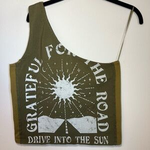 Cleo + Wolf Women's One Shoulder Tank Top Green Western Stretch Graphic Sz Large